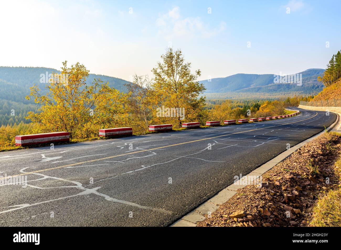 Empty asphalt road and autumn trees landscape.Road and forest with ...