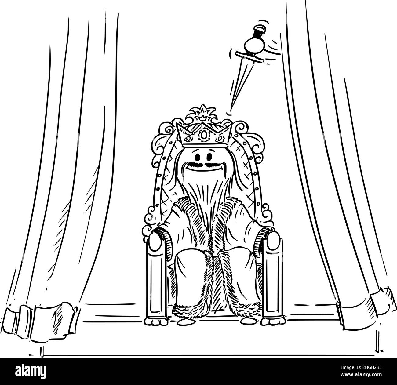 King Sitting on the Throne, Traitor with Knife is going to Murder Him, Vector Cartoon Stick Figure Illustration Stock Vector