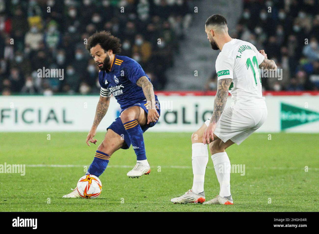 Elche, Alicante, Spain. 20th Jan, 2022. Marcelo Vieira Da Silva of Real Madrid and Tete Morente of Elche during the Spanish Cup, Copa del Rey, round of 16 football match between Elche CF and Real Madrid on January 20, 2022 at Martinez Valero stadium in Elche, Alicante, Spain - Photo: Irh/DPPI/LiveMedia Credit: Independent Photo Agency/Alamy Live News Stock Photo