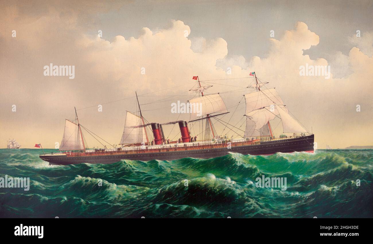 A 19th Century illustration of the steamship  Cunard 'SS Oregan' making its way across the Atlantic between Liverpool and New York via Queenstown (now Cobh) in Ireland. A record breaking British passenger liner it won the Blue Riband for the Guion Line as the fastest liner on the Atlantic in 1884. She was sold to the Cunard Line after a few voyages and continued to improve her passage times for her new owner. Published by Currier and Ives, New York 1984 Stock Photo