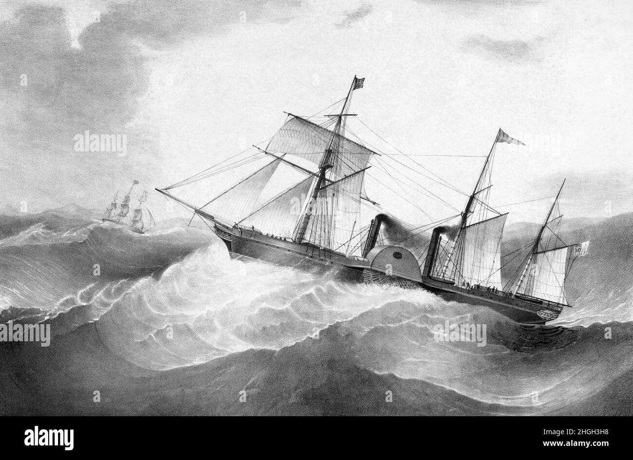 A 19th Century illustration of the inaugural passage of a transatlantic paddle steam ship sailing from Liverpool to New York in October 1838. Published by H R Robinson of New York, USA. Stock Photo