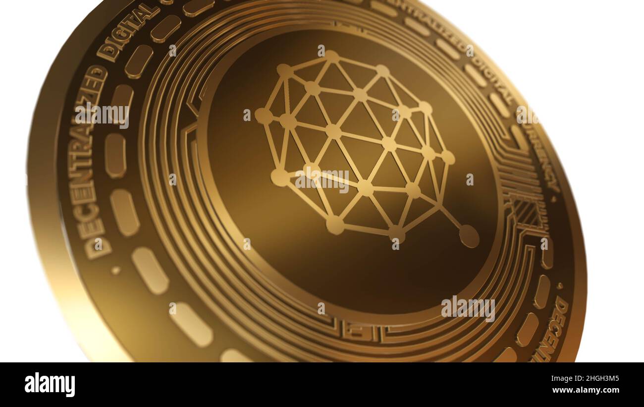 Golden Cryptocurrency of Qtum Sign Isolated on a White Background Stock