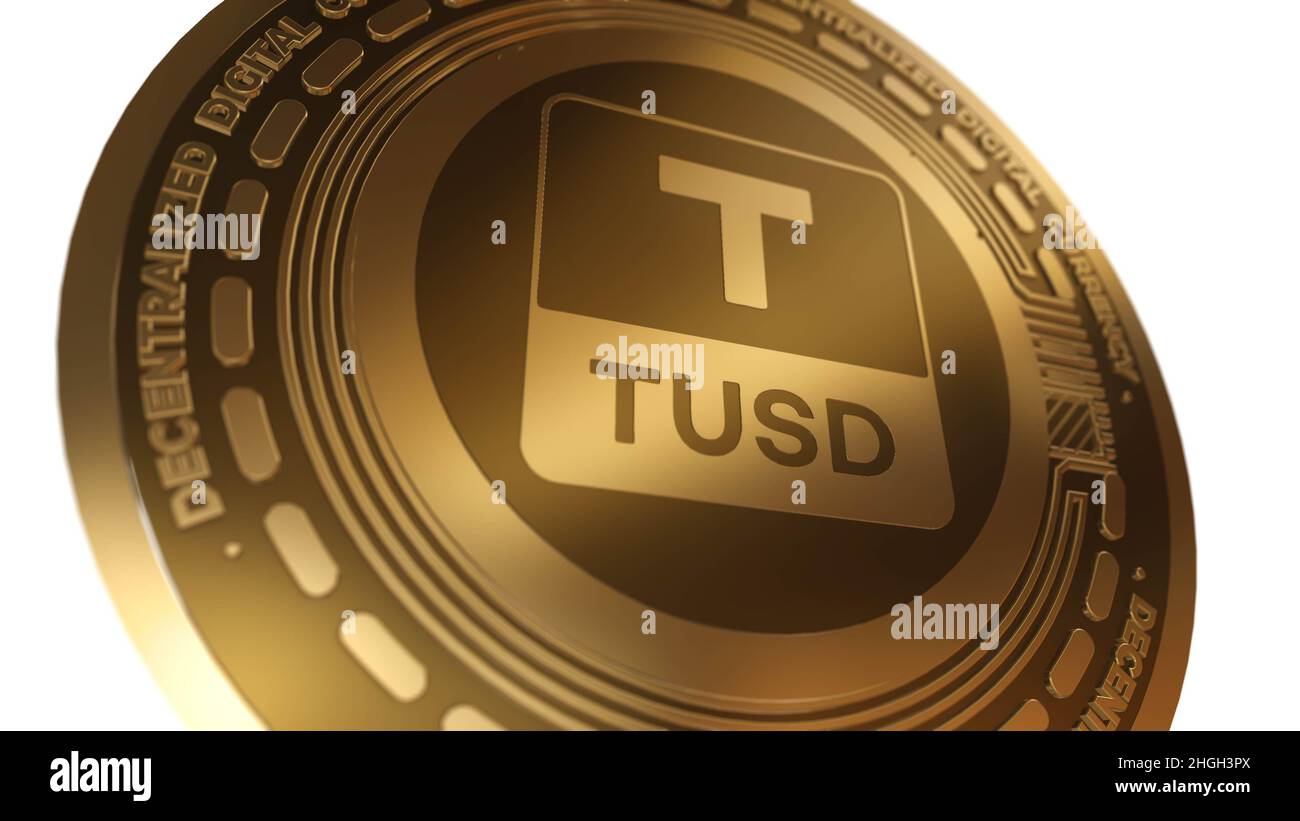 Golden Cryptocurrency of TrueUSD TUSD Sign Isolated on a White Background Stock Photo