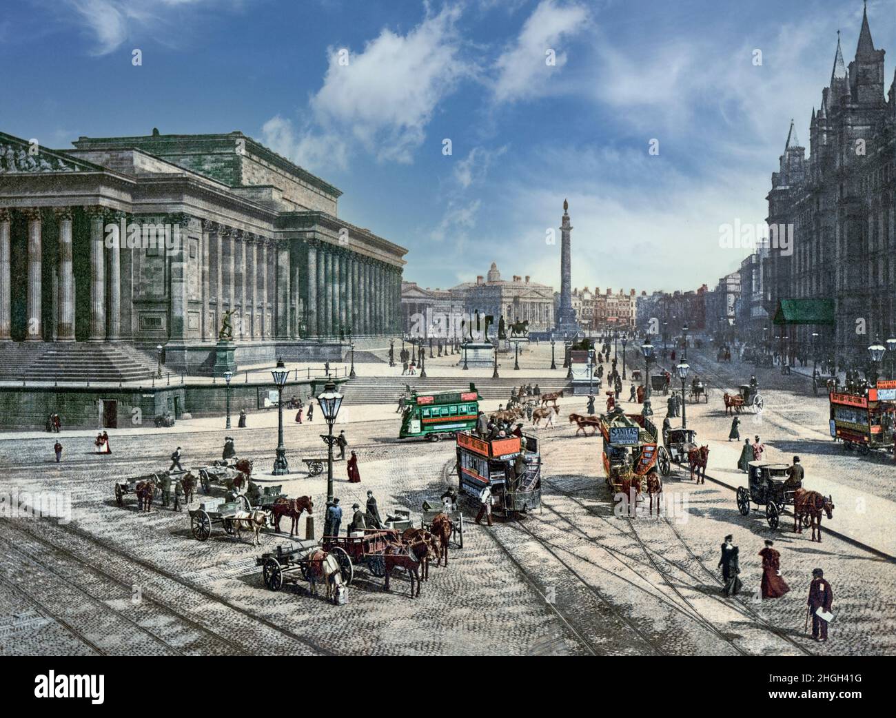 A late 19th Century illustration of Lime Street in Liverpool, England, named for lime kilns owned by William Harvey, a local businessman. To the left is St George's Hall, centre is Wellington's Column, a monument to the Duke of Wellington was built to mark one end of the street, at the corner with William Brown Street. The Renaissance Revival style building (right) was then the North Western Hotel. Stock Photo