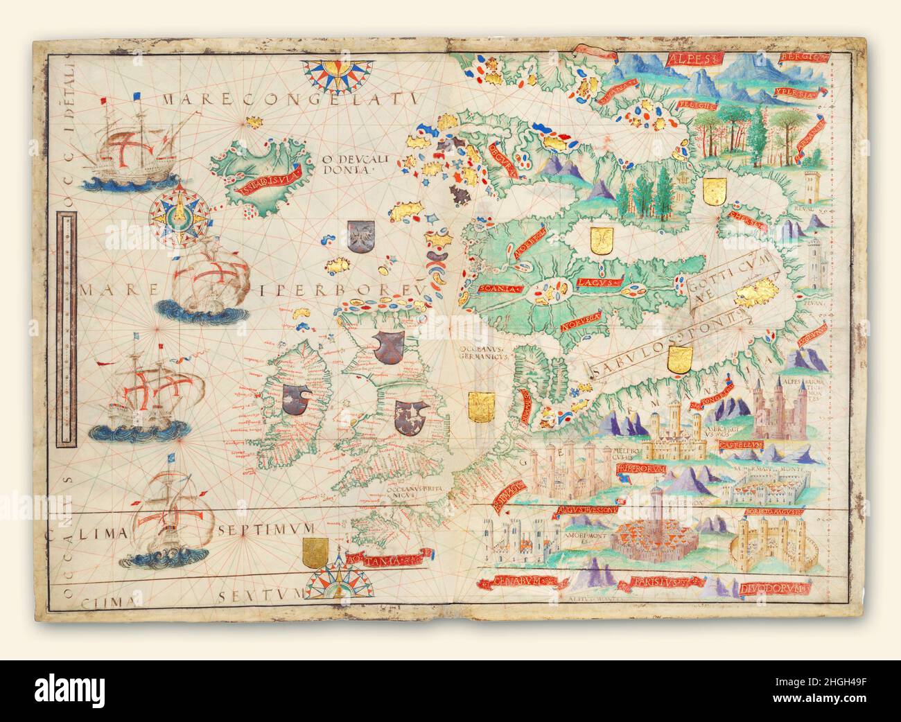 A Nautical Atlas of the Northeastern Atlantic Ocean and Northern Europe from the Miller Atlas in the collections of the National Library of France. Produced for King Manuel I of Portugal in 1519 by cartographers Pedro Reinel, his son Jorge Reinel, and Lopo Homem and miniaturist António de Holanda, the atlas contains eight maps on six loose sheets, painted on both sides.. This image has been retouched to remove the ugly fold and some of the detrius left over the centuries. Stock Photo