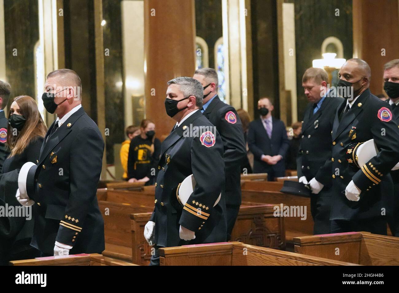 St. Louis, United States. 21st Jan, 2022. St. Louis firefighters file in for the funeral services for the late St. Louis firefighter Ben Polson at the Cathedral Basilica of Saint Louis in St. Louis on Thursday, January 20, 2022. Polson, the first St. Louis firefighter to die in a fire in twenty years, died while battling a vacant house fire on January 13, 2022. Photo by Bill Greenblatt/UPI Credit: UPI/Alamy Live News Stock Photo