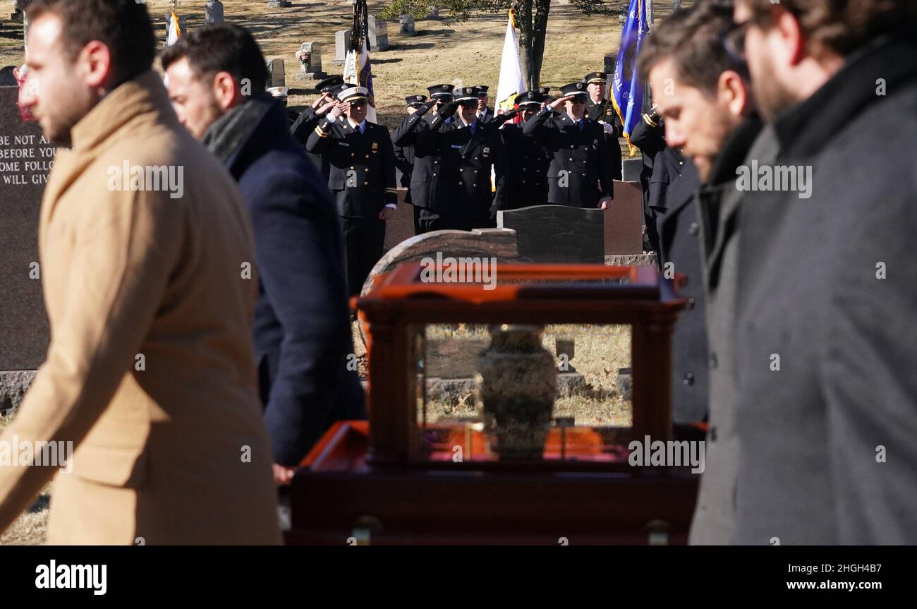 St. Louis, United States. 21st Jan, 2022. St. Louis firefighters salute as the remains of St. Louis firefighter Ben Polson, arrive at Resurrection Cemetery in St. Louis on Thursday, January 20, 2022. Polson, the first St. Louis firefighter to die in a fire in twenty years, died while battling a vacant house fire on January 13, 2022. Photo by Bill Greenblatt/UPI Credit: UPI/Alamy Live News Stock Photo