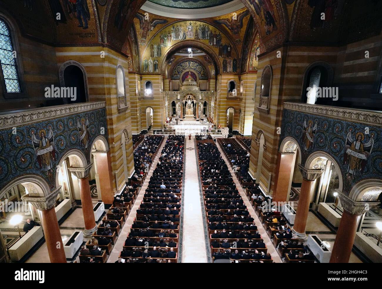 St. Louis, United States. 21st Jan, 2022. A funeral service for St. Louis firefighter Ben Polson is underway at the Cathedral Basilica of Saint Louis, in St. Louis on Thursday, January 20, 2022. Polson, the first St. Louis firefighter to die in a fire in twenty years, died while battling a vacant house fire on January 13, 2022. Photo by Bill Greenblatt/UPI Credit: UPI/Alamy Live News Stock Photo