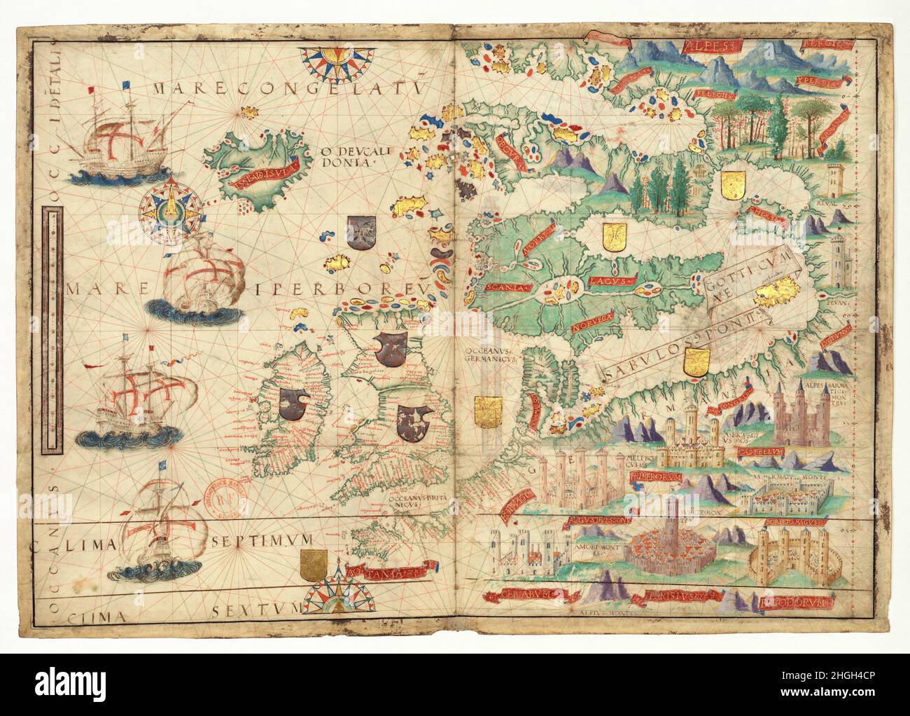 A Nautical Atlas of the Northeastern Atlantic Ocean and Northern Europe from the Miller Atlas in the collections of the National Library of France. Produced for King Manuel I of Portugal in 1519 by cartographers Pedro Reinel, his son Jorge Reinel, and Lopo Homem and miniaturist António de Holanda, the atlas contains eight maps on six loose sheets, painted on both sides. Stock Photo