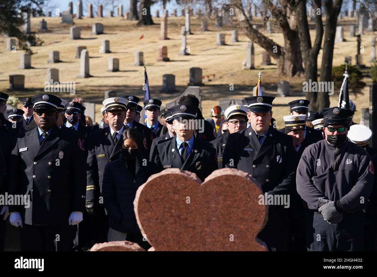 St. Louis, United States. 21st Jan, 2022. St. Louis firefighters stand, waiting for the arrival of the remains of St. Louis firefighter Ben Polson at Resurrection Cemetery in St. Louis on Thursday, January 20, 2022. Polson, the first St. Louis firefighter to die in a fire in twenty years, died while battling a vacant house fire on January 13, 2022. Photo by Bill Greenblatt/UPI Credit: UPI/Alamy Live News Stock Photo