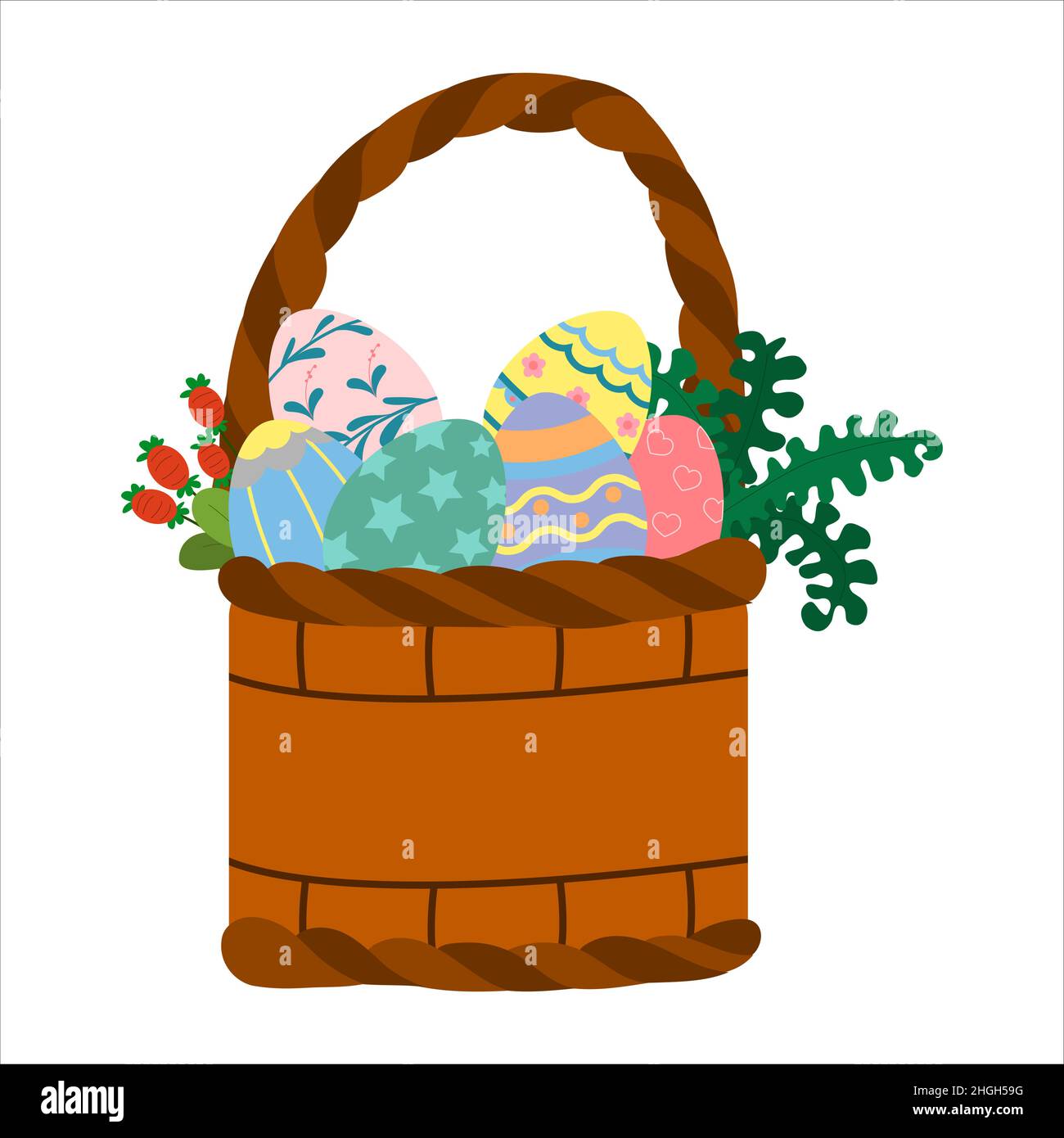 Easter wicker basket with painted eggs. Isolated on a white background. Vector graphics are available. Stock Vector
