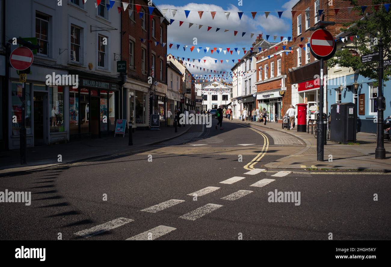 A general view of the centre of the Market Town of Romsey in Hampshire England looking towards the Corn market area from the B3398. Stock Photo