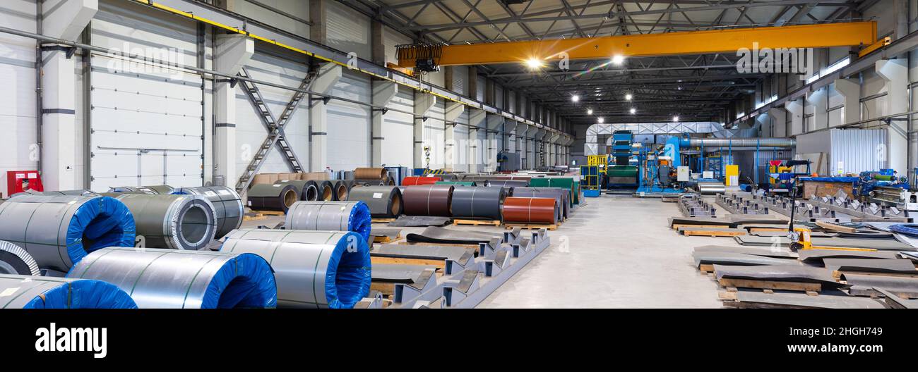 Panoramic photo shot. Metal sheet profile forming machine, process of ...