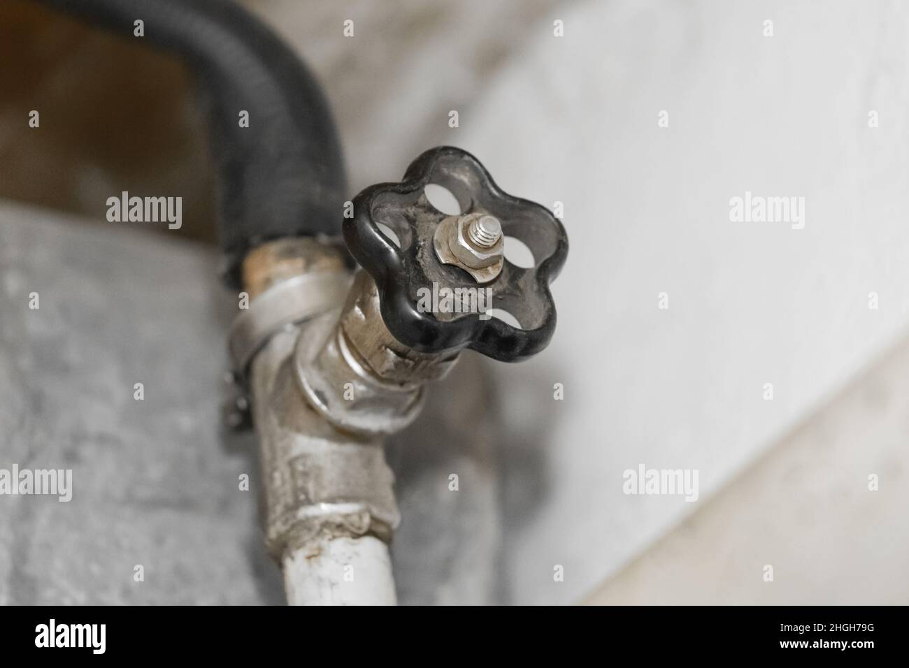 Valve Old Water Steel Pipe System Control. Stock Photo