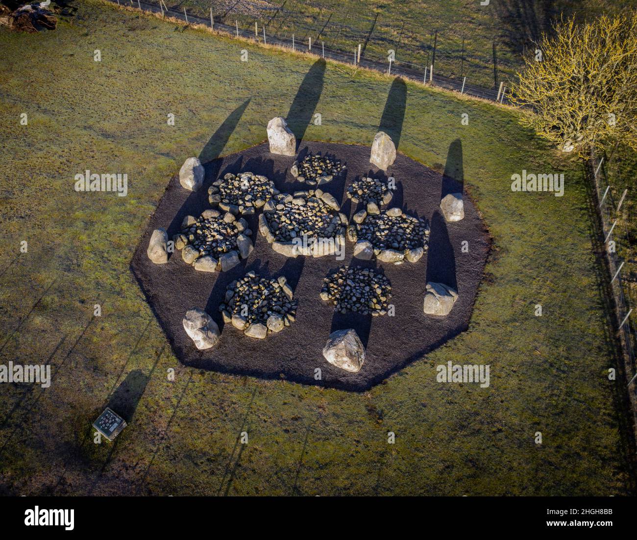 Aerial view of the Cullerlie Stone Circle, also known as the Standing Stones of Echt, a bronze age monument in Echt in Aberdeenshire, Scotland Stock Photo