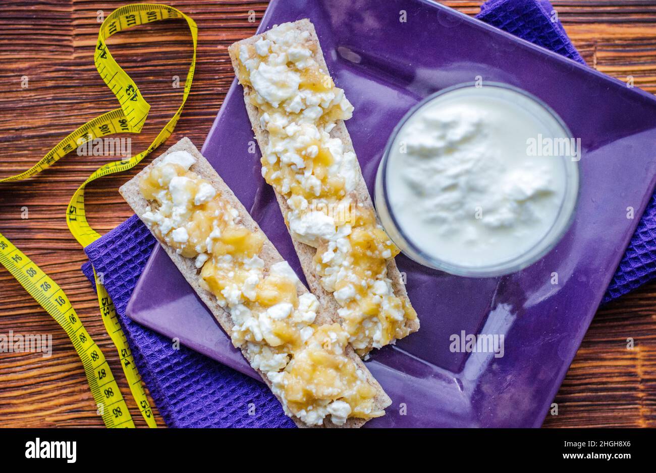 Diet sandwich. Bread jam with cottage cheese and fruits Stock Photo Alamy