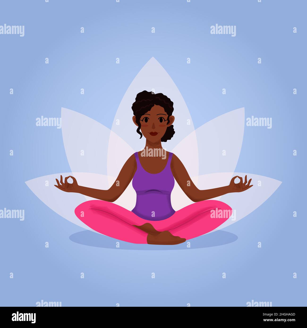 Young afro woman with curly hair practice yoga pose sitting on floor in lotus pose sakhusana Stock Vector