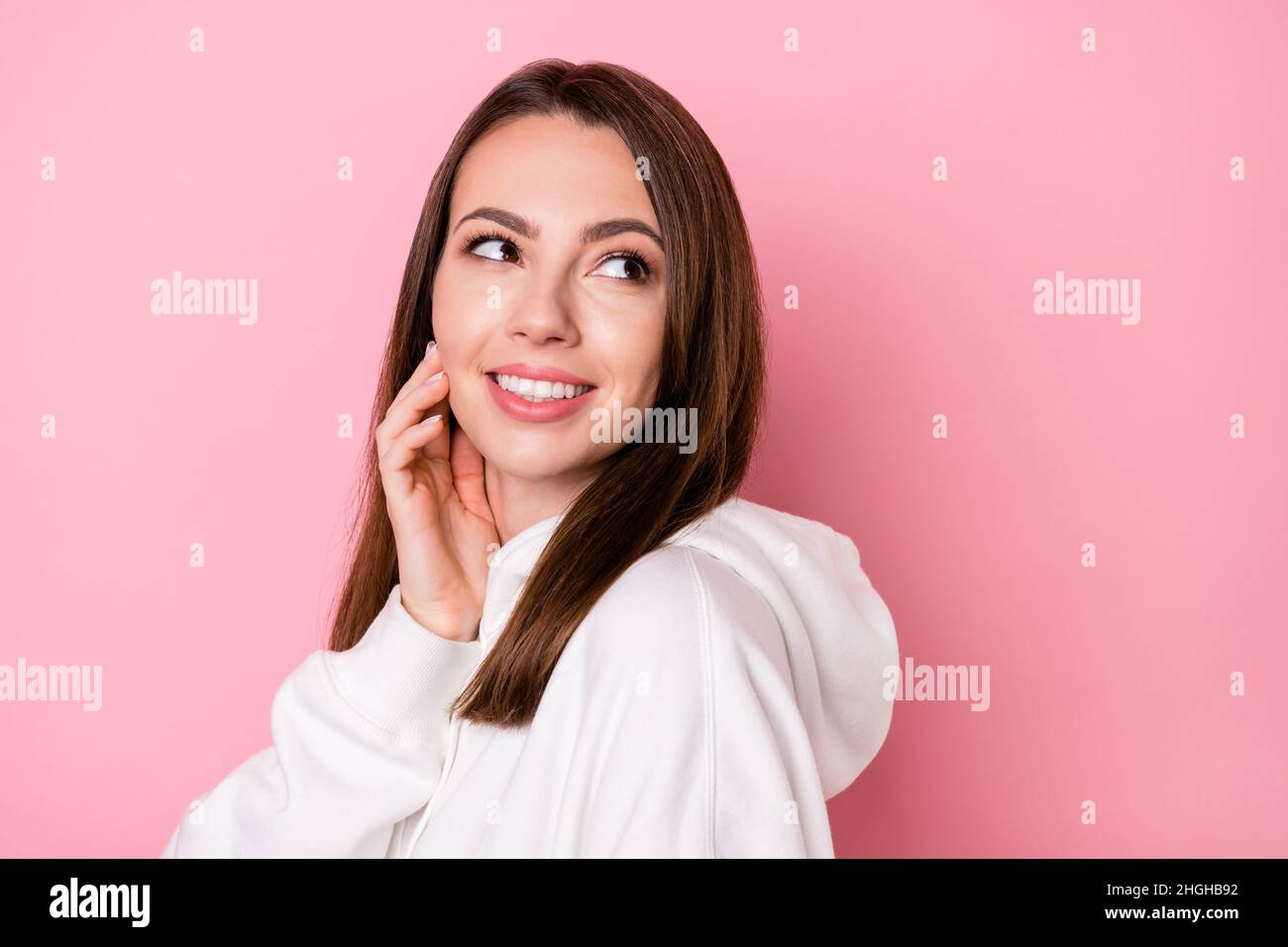 Profile side photo of young attractive girl happy positive smile hand ...