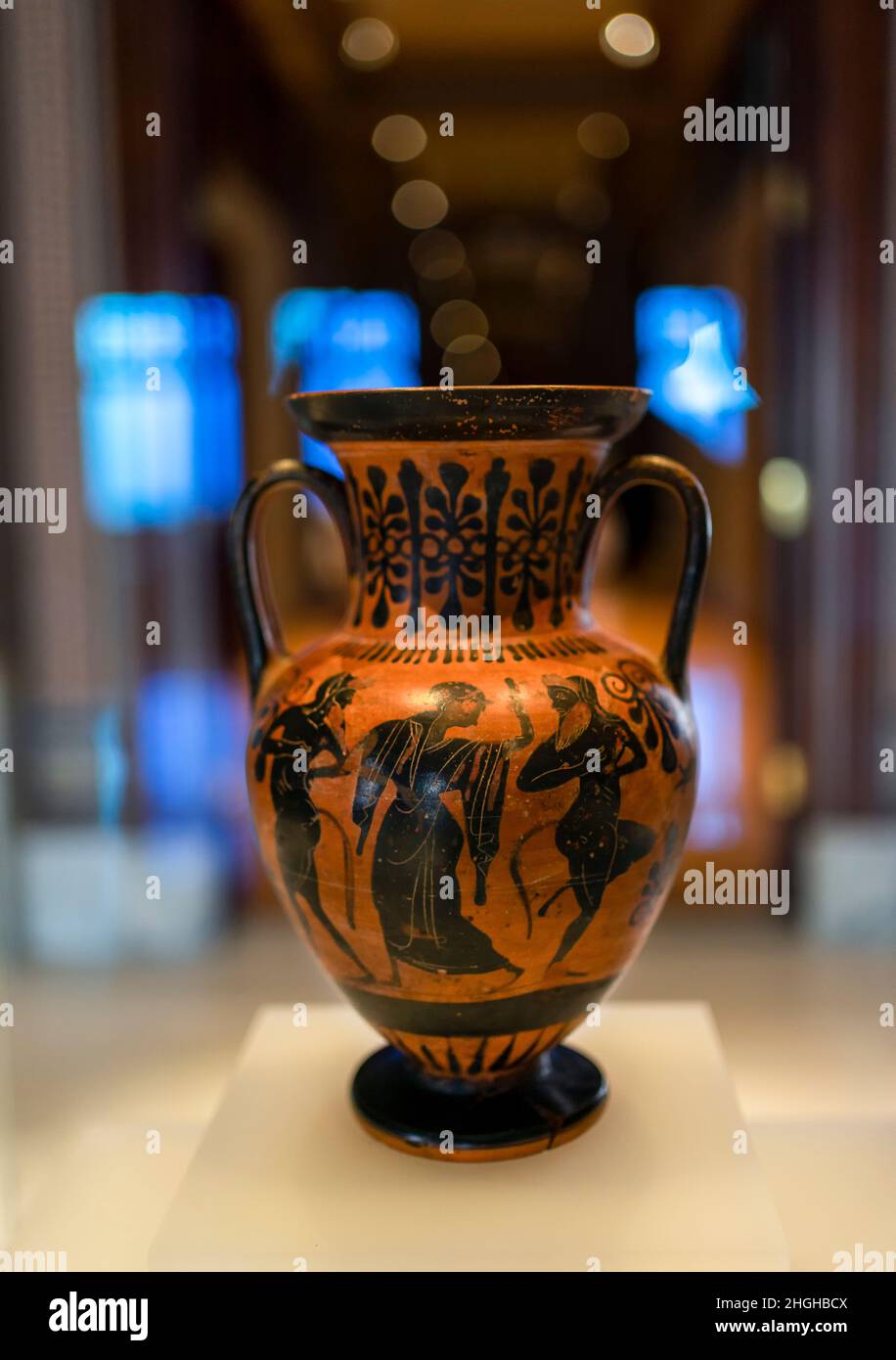Ancient Greek Terracotta neck-amphora (jar) in Istanbul Archeology Museum, Turkey. Stock Photo
