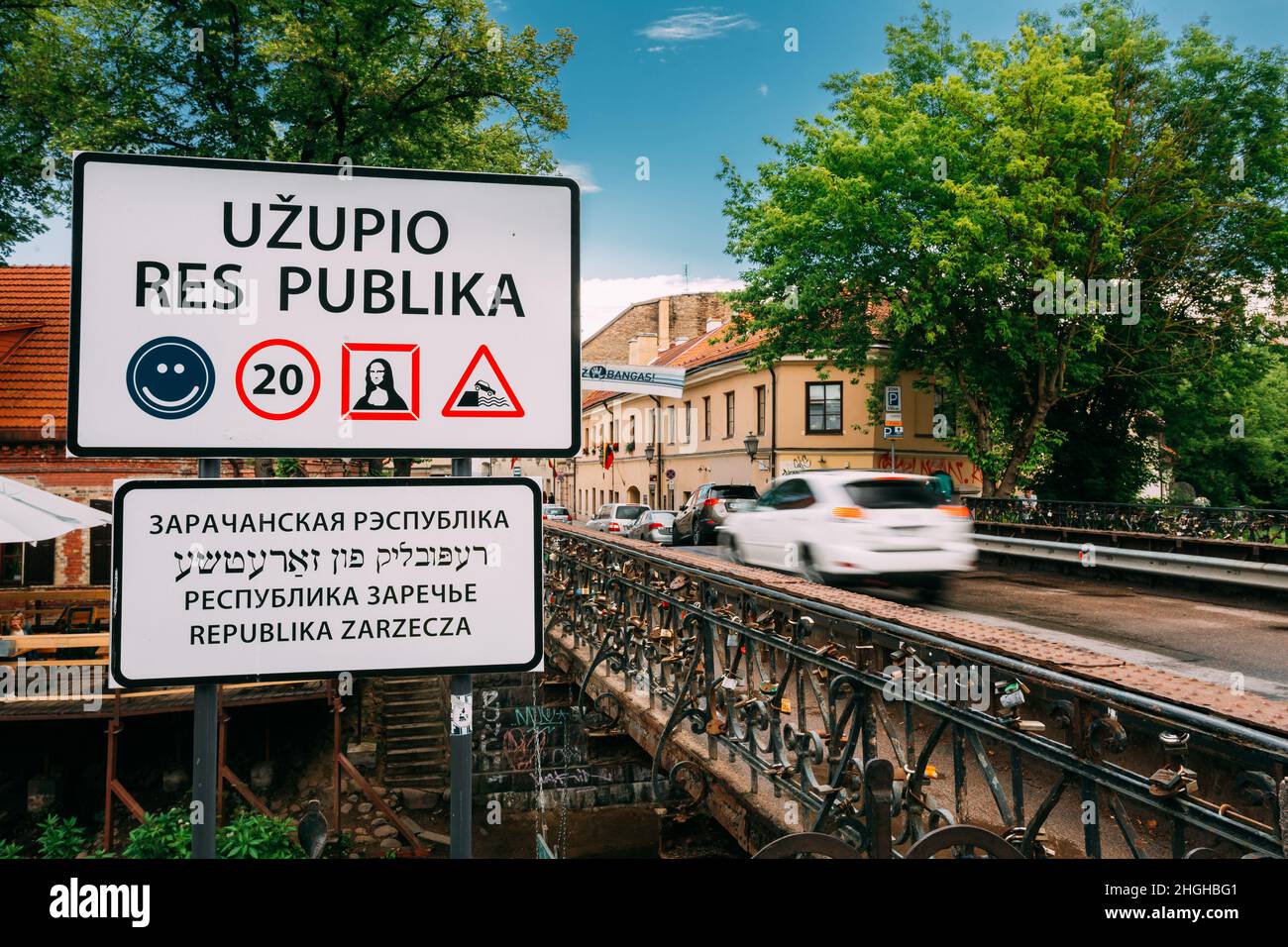 Vilnius, Lithuania. Road Sign At The Border Of Uzupis Located In Old Town Of Vilnius. District Of Vilniaus Senamiestis. UNESCO World Heritage Site. Stock Photo