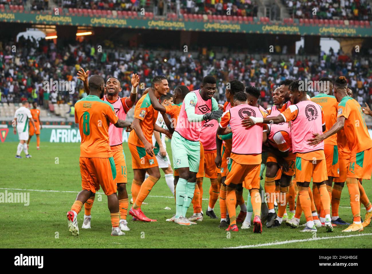 Douala, Cameroon. 20th Jan, 2022. Douala, CAMEROON - JANUARY 20: Nicolas Pepe of Ivory Coast celebrates with Max Gradel and Sebastien Haller, Franck Kessie during the Africa Cup of Nations group E match between Ivory Coast and Algeria at Stade de Japoma on January 20 2022 in Douala, Cameroon. (Photo by SF) Credit: Sebo47/Alamy Live News Stock Photo