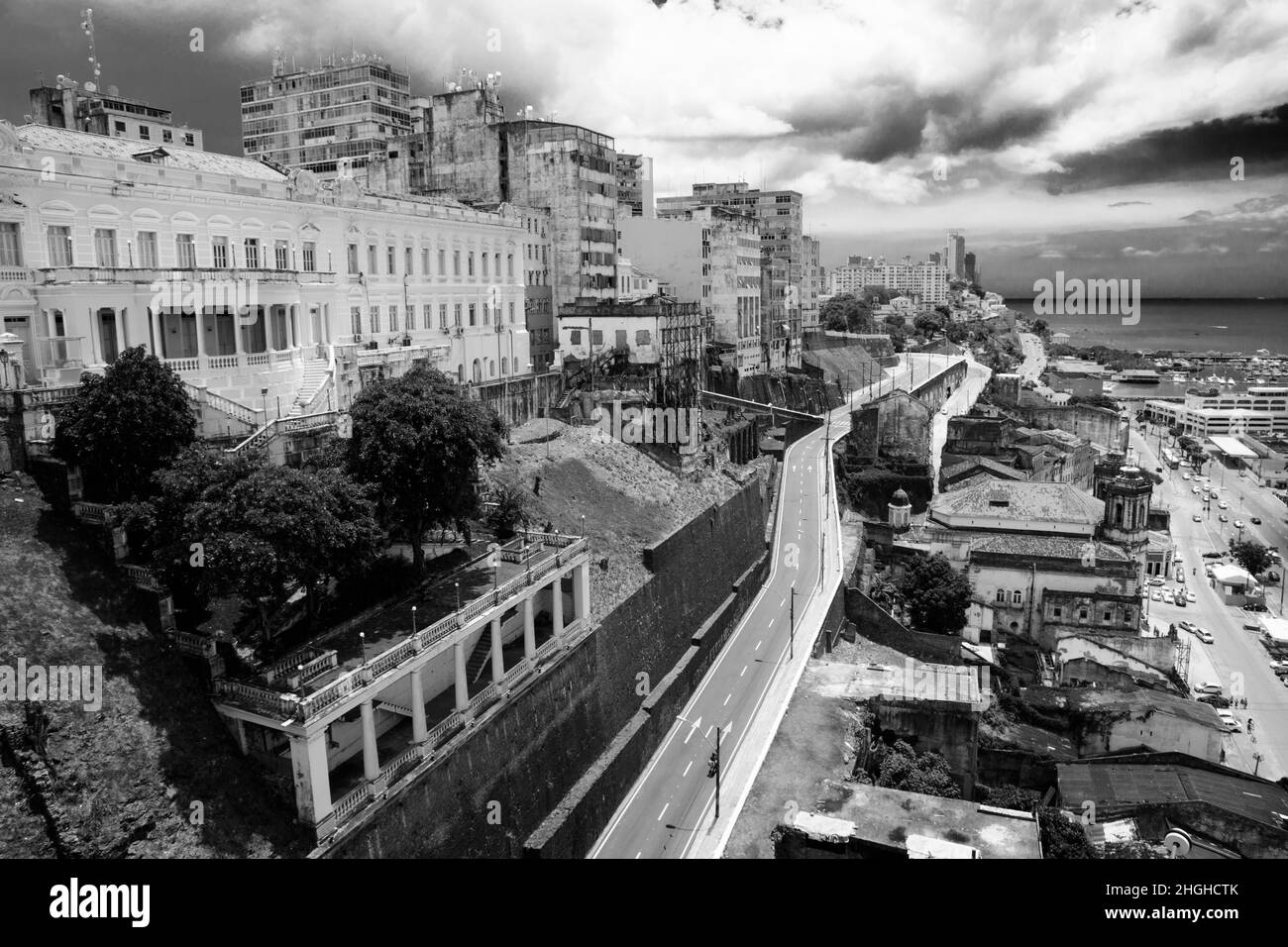 Top view of the historic part of the city of Salvador with its old buildings. in the background the bay o Stock Photo