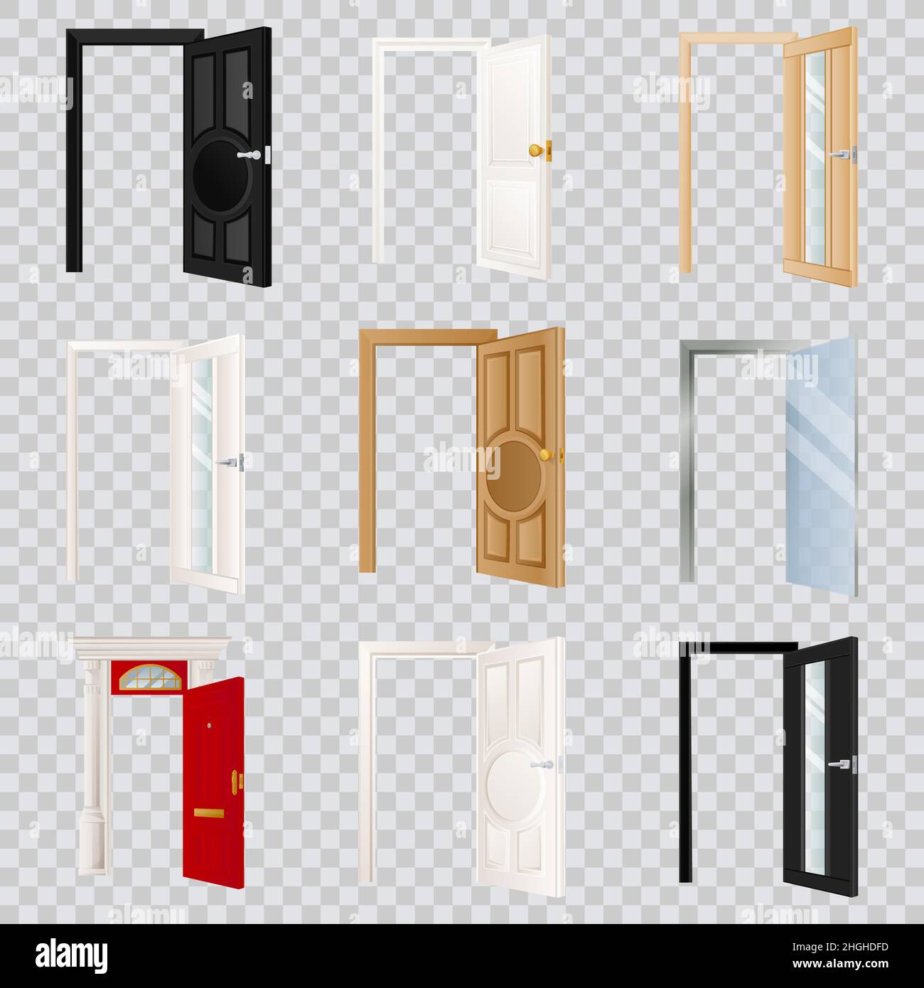 Open doors set, isolated on transparent background. Classical wooden, white, black and glass door. Modern home or room entrance and exit design elemen Stock Vector