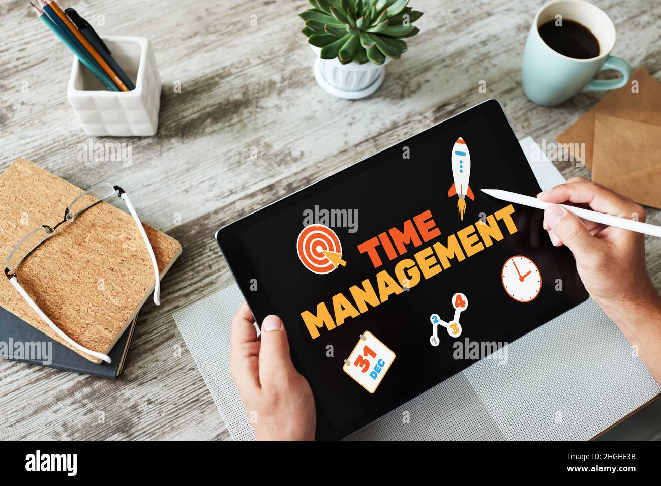 Time management text and icons on screen. Business and personal growth ...