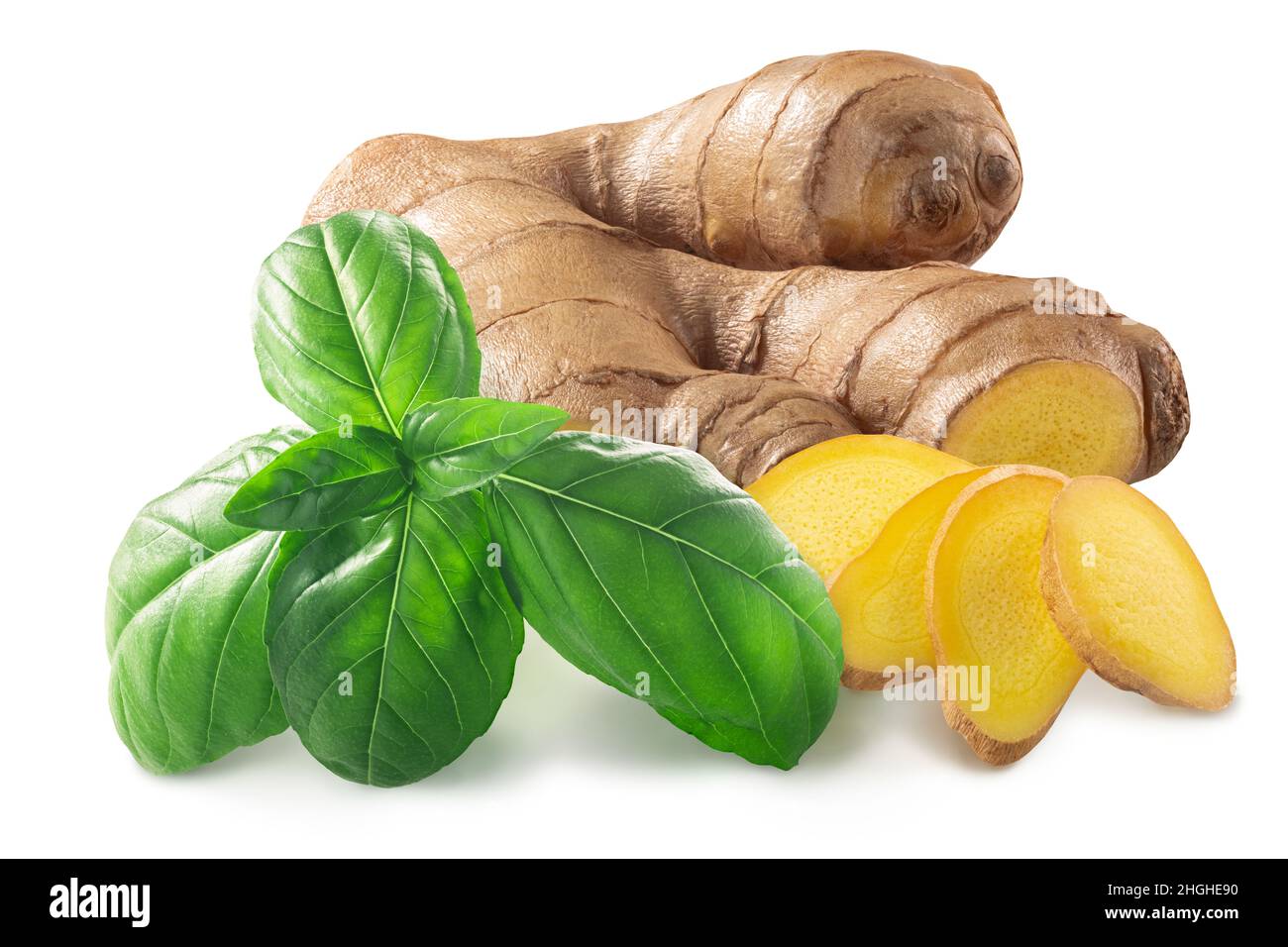 Ginger root with fresh basil leaves, isolated Stock Photo