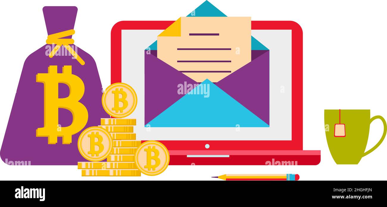 There is a letter on the laptop screen. A mug of tea, a mountain of bitcoin coins and a bag of bitcoins. Cryptocurrency. Stock Vector