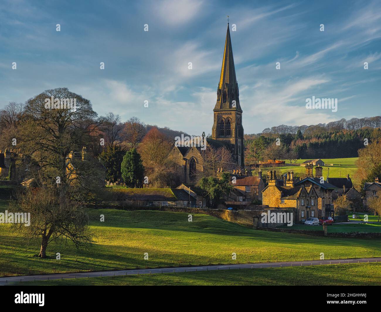 Edensor is a village in the Derbyshire Dales near to Baslow and Bakewell. Much of it is privately owned by the Dukes of Devonshire. Stock Photo
