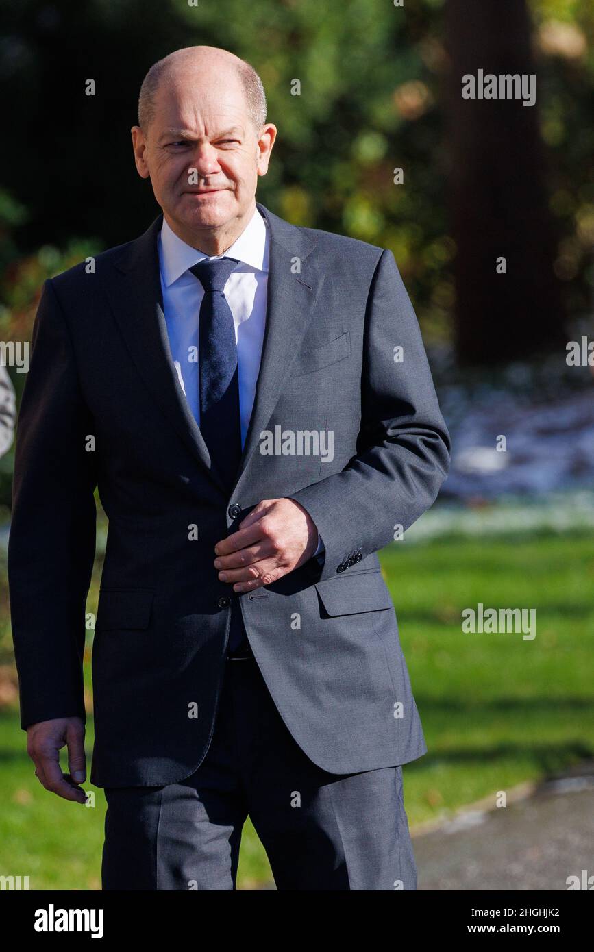 Berlin, Germany. 21st Jan, 2022. German Chancellor Olaf Scholz (SPD) walks as members of the German Federal government gather for a group photo at the chancellery in Berlin, Germany, January 21, 2022. ( Credit: Omer Messinger/Alamy Live News Stock Photo