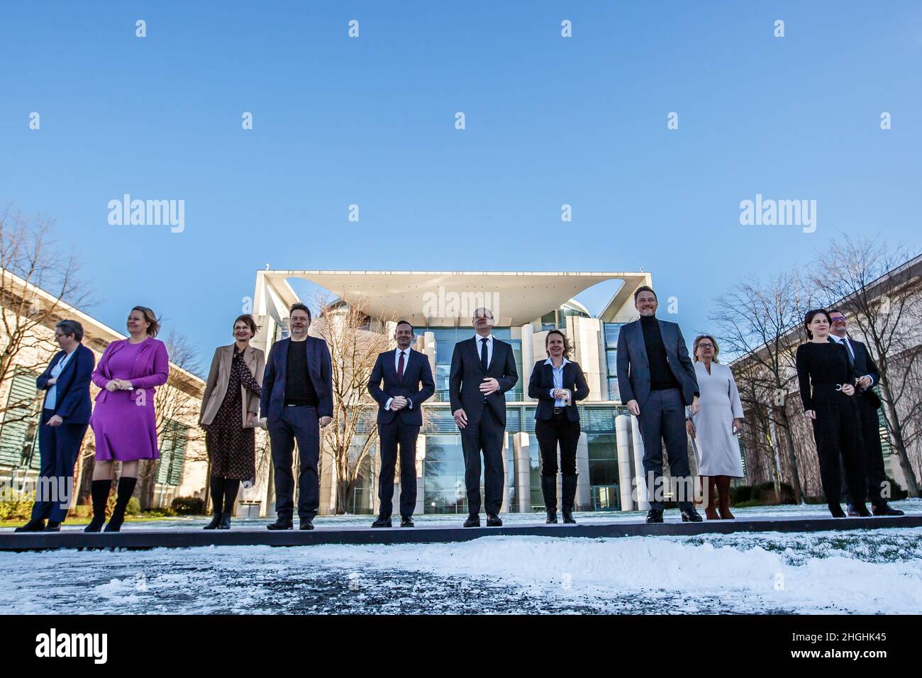 Berlin, Germany. 21st Jan, 2022. German Chancellor Olaf Scholz (SPD) (C) and members of the German Federal government gather for a group photo at the chancellery in Berlin, Germany, January 21, 2022. ( Credit: Omer Messinger/Alamy Live News Stock Photo