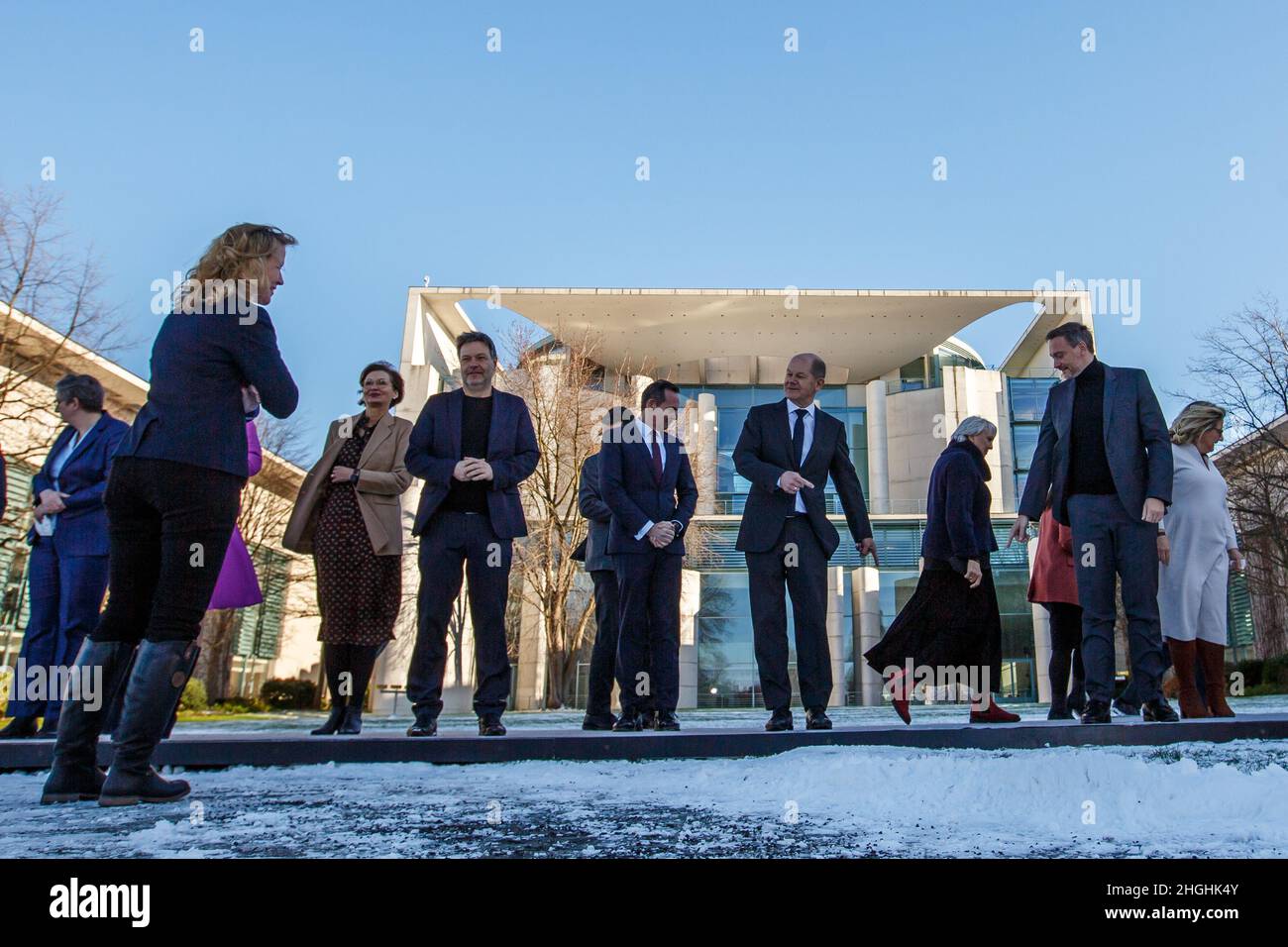 Berlin, Germany. 21st Jan, 2022. German Chancellor Olaf Scholz (SPD) gestures as members of the German Federal government gather for a group photo at the chancellery in Berlin, Germany, January 21, 2022. ( Credit: Omer Messinger/Alamy Live News Stock Photo