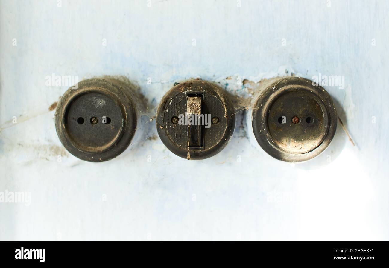 A close up of three old electrical switches Stock Photo Alamy