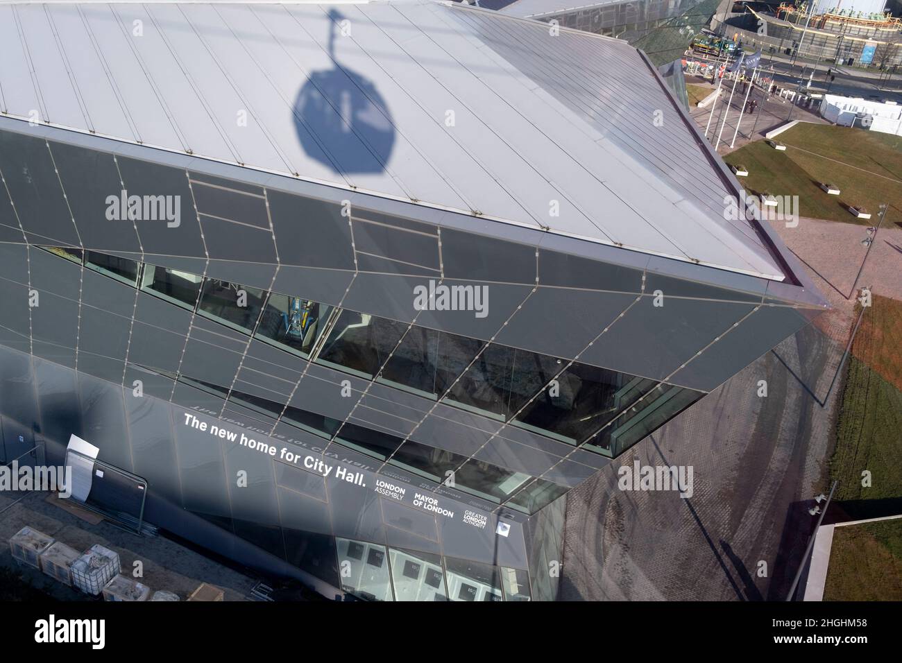 An aerial view from the Emirates Air Line cable car, of the London Assembly's new City Hall (aka the Crystal) at Royal Dock in the East End borough of Newham, on 20th January 2020, in London, England. Mayor of London Sadiq Khan has revealed. The Crystal is replacing theNorman Foster-designed building on the south bank of the Thames. London mayor Sadiq Khan said the relocation will save £61 million over the course of five years, which he has pledged to spend on frontline services such as the Met Police and London Fire Brigade .. .. (Full caption in Additional Info). Stock Photo