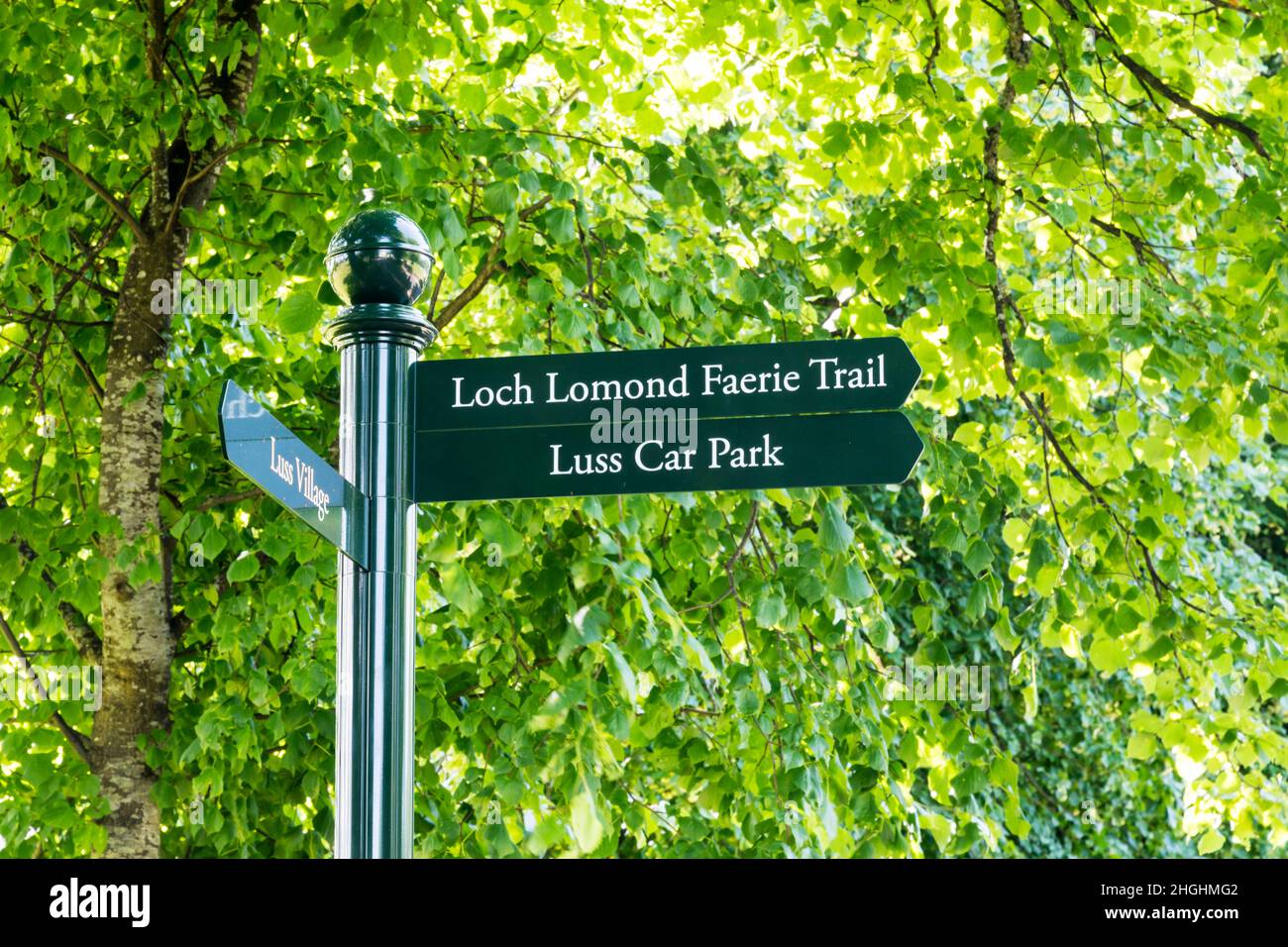A sign for the Loch Lomond Faerie Trail in Luss, Scotland. Stock Photo