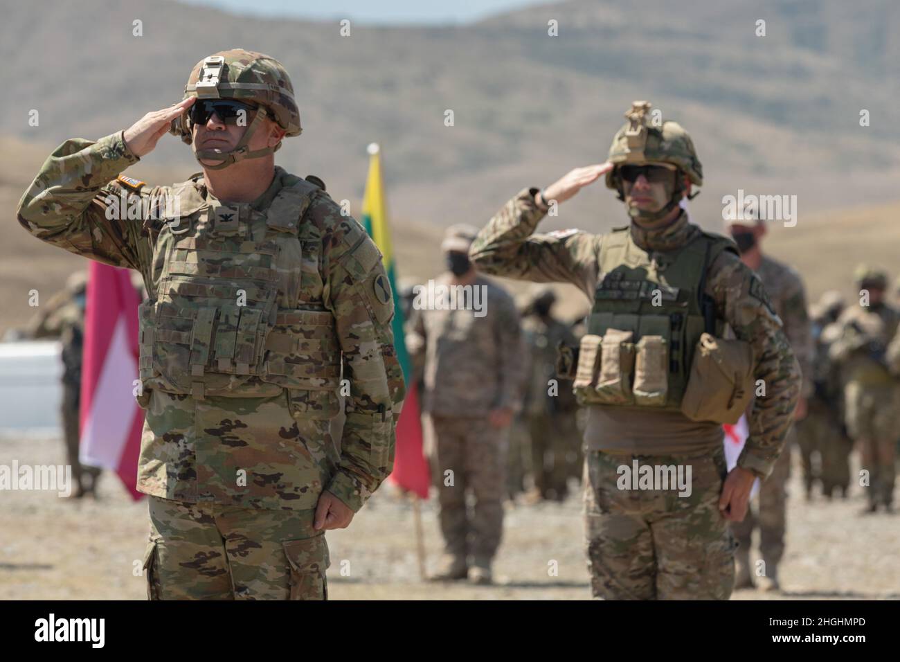 U.S. Army Col. Kris Marshall, co-director of Exercise Agile Spirit 2021, salutes during a closing ceremony August 6, 2021 at Orpholo Training Area, Georgia. Agile Spirit 21 promotes regional stability and security, while increasing readiness, strengthening partner capabilities and fostering trust. Agile Spirit provides vital opportunities, not only for multiple U.S. services to work together, but also for integrated, total force training with U.S. Reserve and National Guard units and our partner nations’ militaries to ensure interoperability. Stock Photo