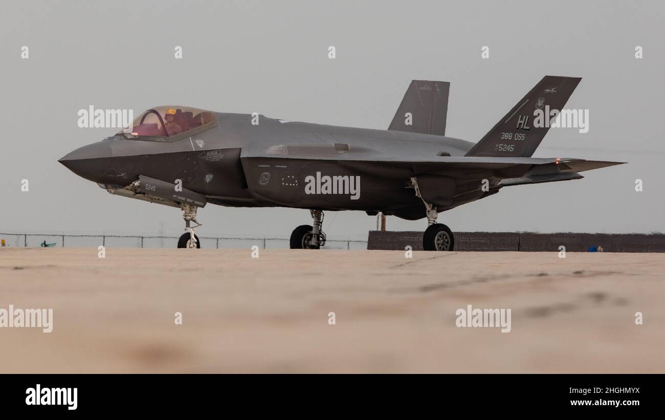 An F-35A Lightning II from the 75th fighter wing taxies on the flightline on August 7, 2021, at Roland R Wright Air National Guard Base, Utah. The aircraft was on display at the Utah Air National Guard's annual Wingman Day and 75th Anniversary celebration. Stock Photo