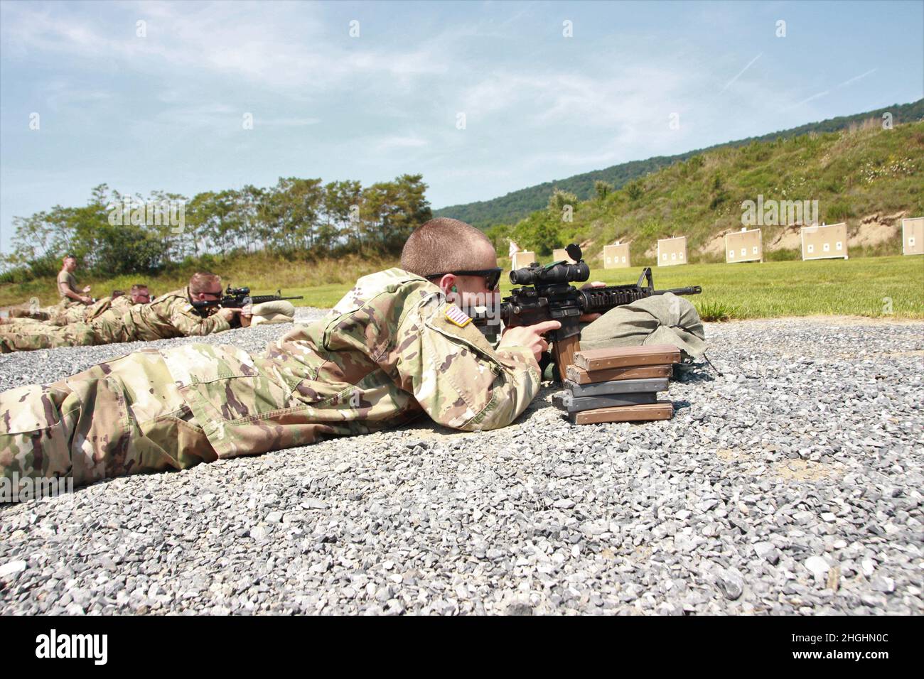 Members of the 109th Infantry Battalion, 28th Infantry Division, trained on ranges at Fort Indiantown Gap, Pennsylvania, August 6, in preparation for a mission in Egypt in the next year. Completing basic rifle qualification with the M4 is one of the 14 individual tasks and 4 collective tasks to complete prior to a mobilization. Stock Photo