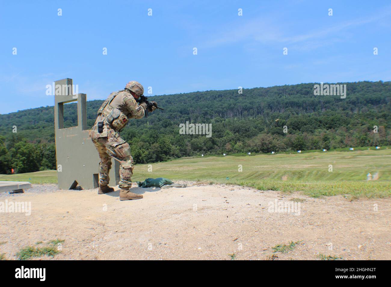 Members of the 109th Infantry Battalion, 28th Infantry Division, trained on ranges at Fort Indiantown Gap, Pennsylvania, August 6, in preparation for a mission in Egypt in the next year. Completing basic rifle qualification with the M4 is one of the 14 individual tasks and 4 collective tasks to complete prior to a mobilization. Stock Photo