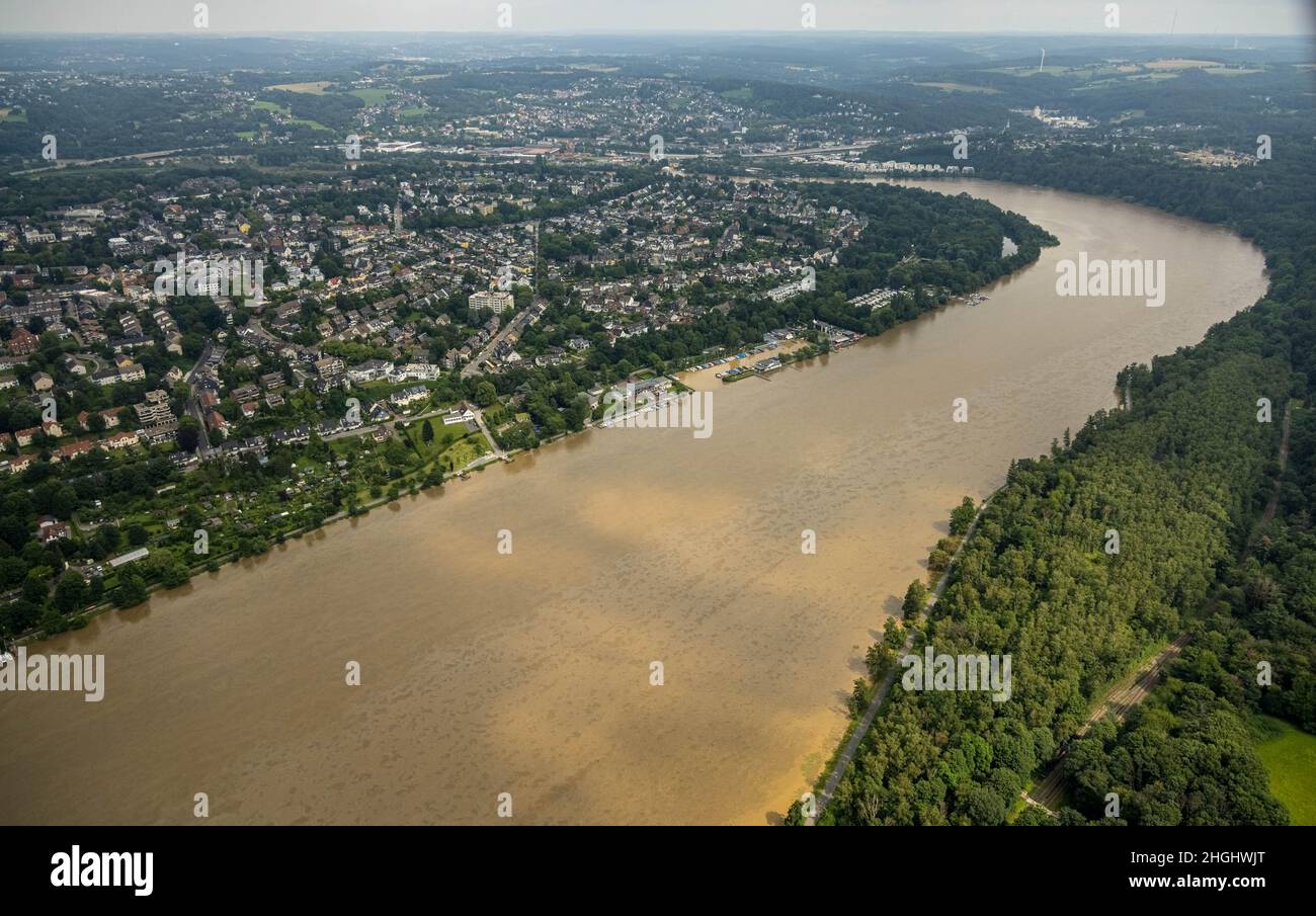 Aerial view, Ruhr flood, Baldeneysee, Ruhr valley, flood, excursion destination, motorbike meeting, flood, Haus Scheppen, Heisingen, Essen, Ruhr area, Stock Photo