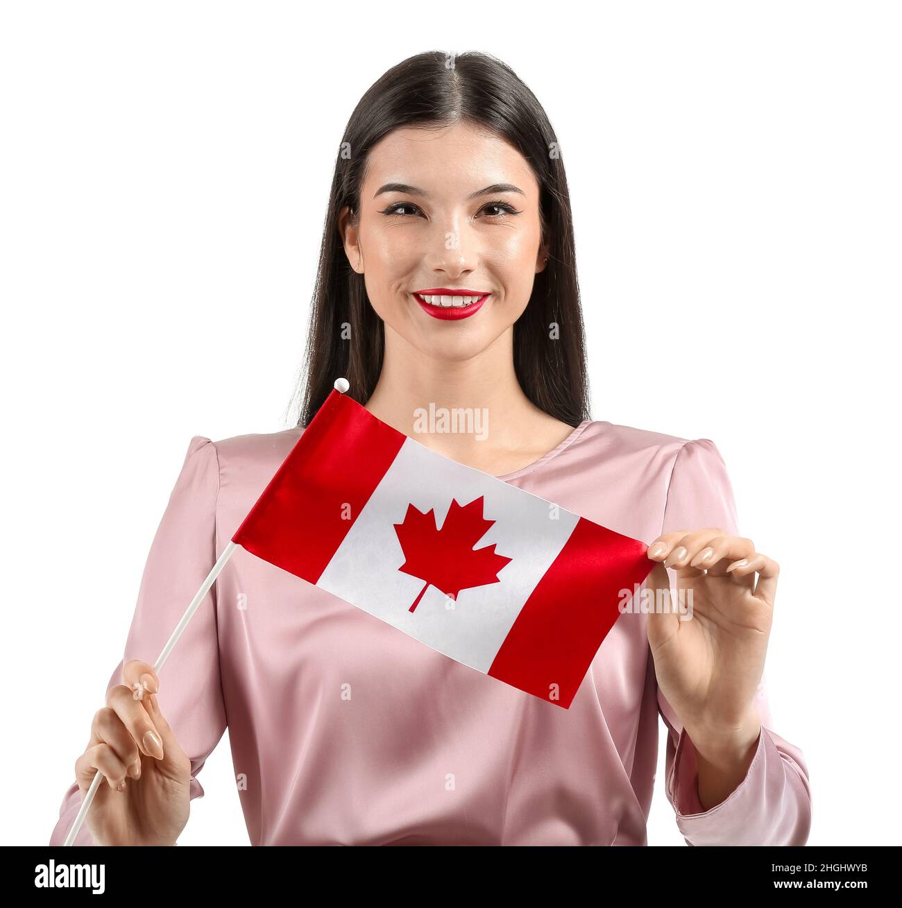 Beautiful young woman with Canadian flag isolated on white Stock Photo ...