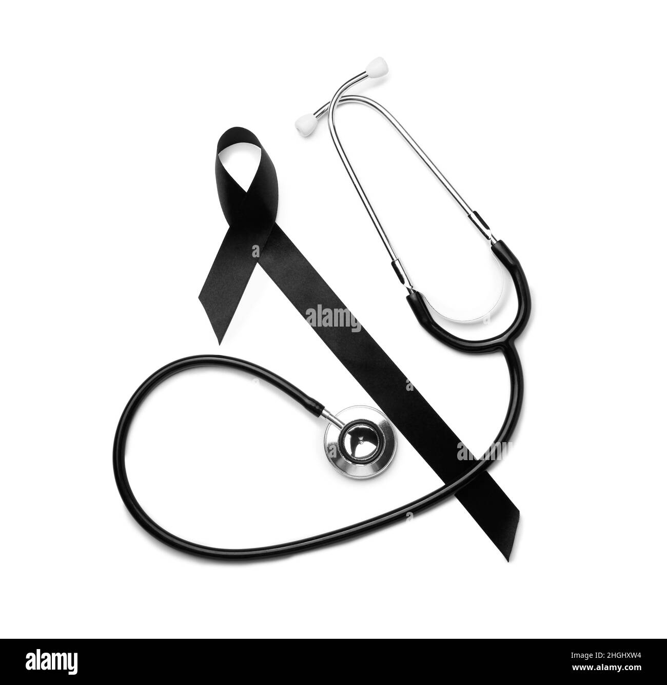 Black ribbon and stethoscope on white background. Melanoma concept ...