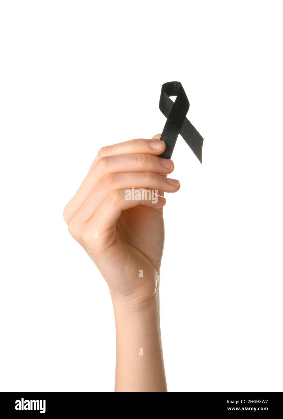 Female hand with black ribbon on white background. Melanoma concept ...