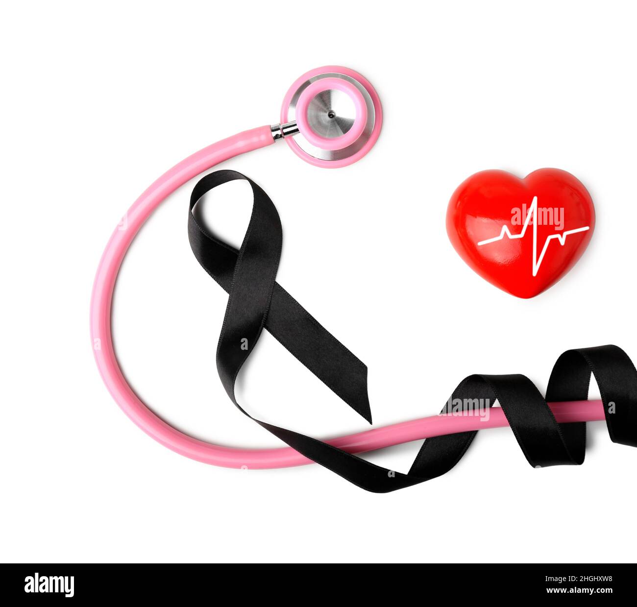 Black ribbon with stethoscope and heart on white background. Melanoma ...