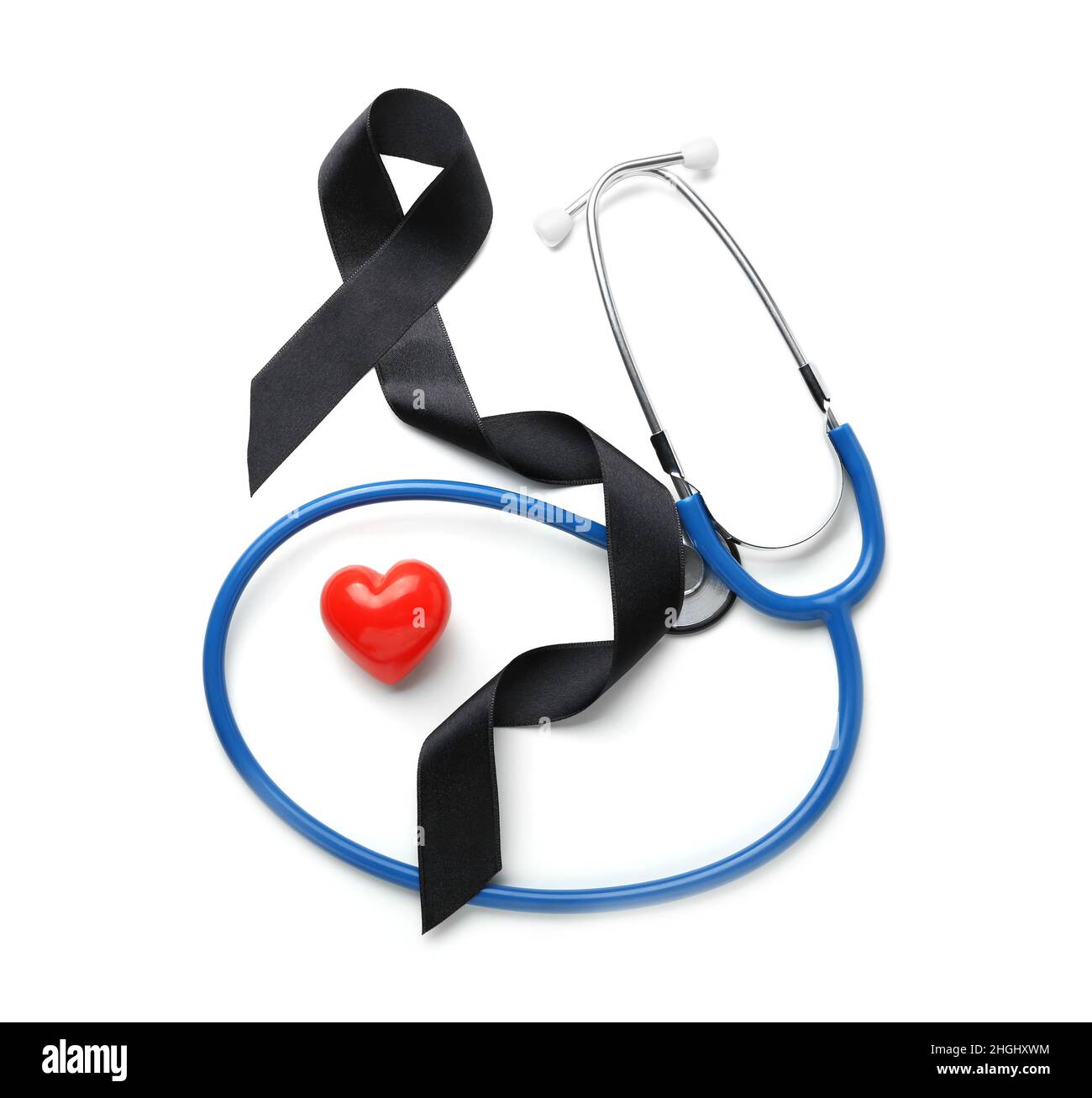 Black ribbon with stethoscope and heart on white background. Melanoma ...