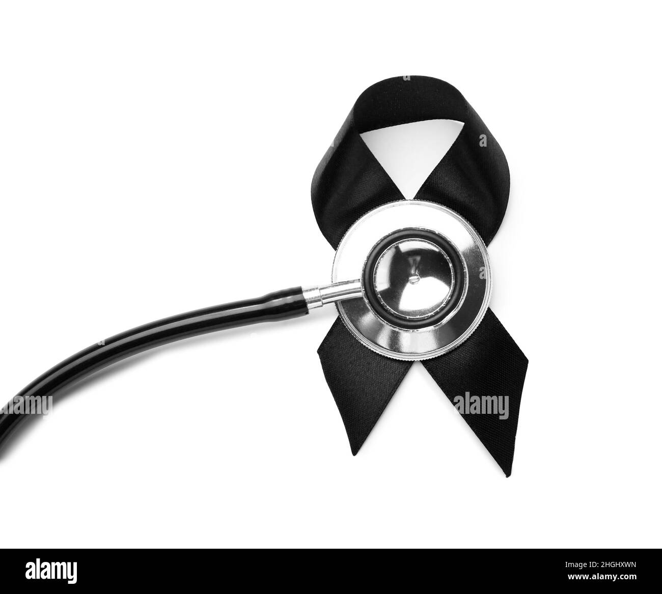Black ribbon and stethoscope on white background. Melanoma concept ...