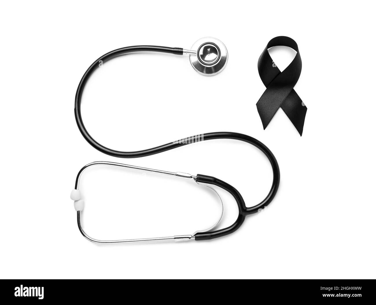 Black ribbon and stethoscope on white background. Melanoma concept ...