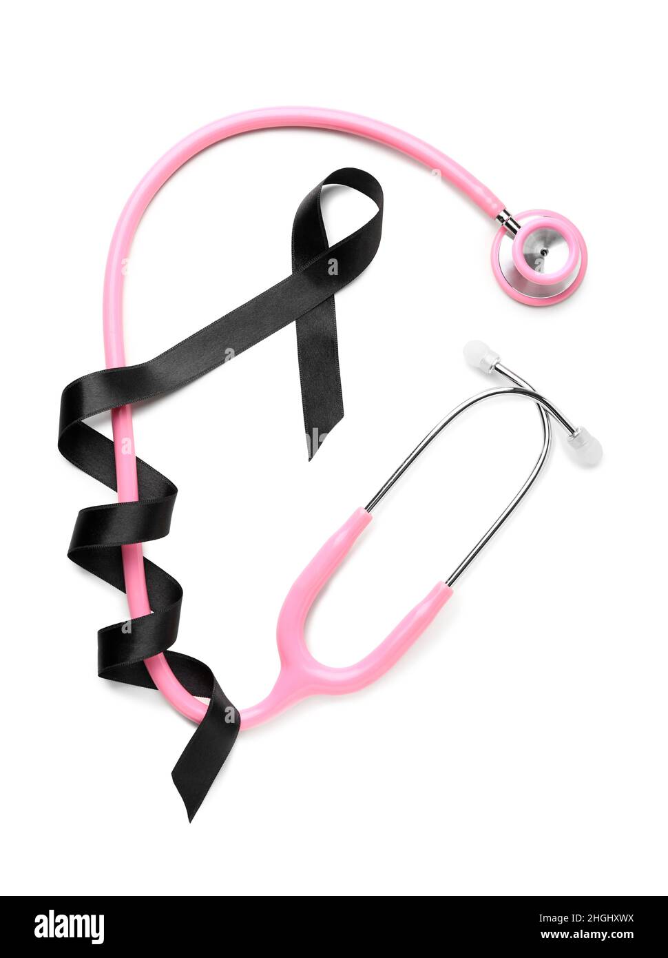 Black ribbon and stethoscope on white background. Melanoma concept ...
